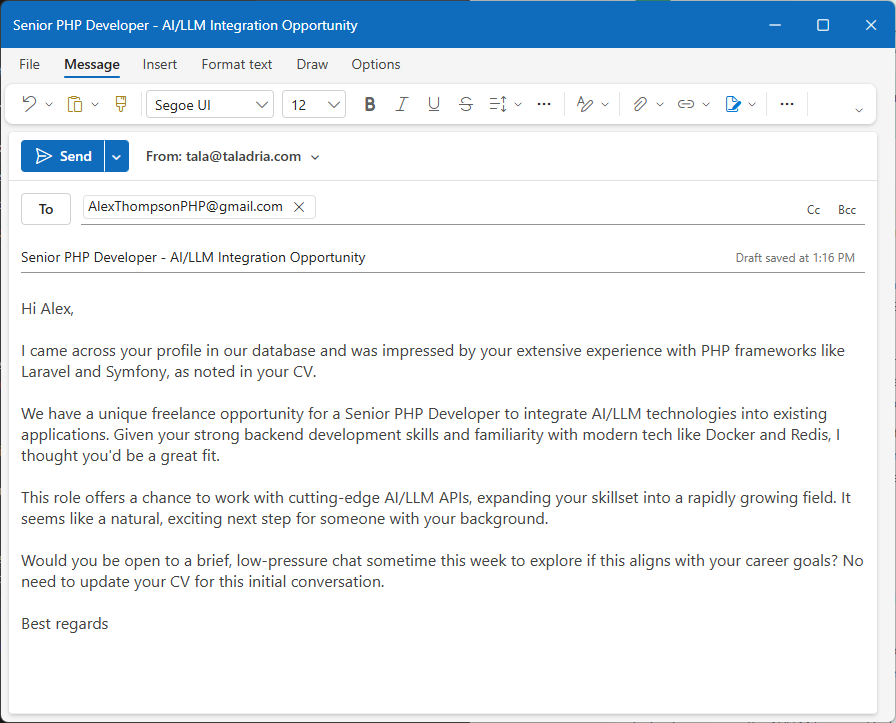 Personalized outreach email ready to send