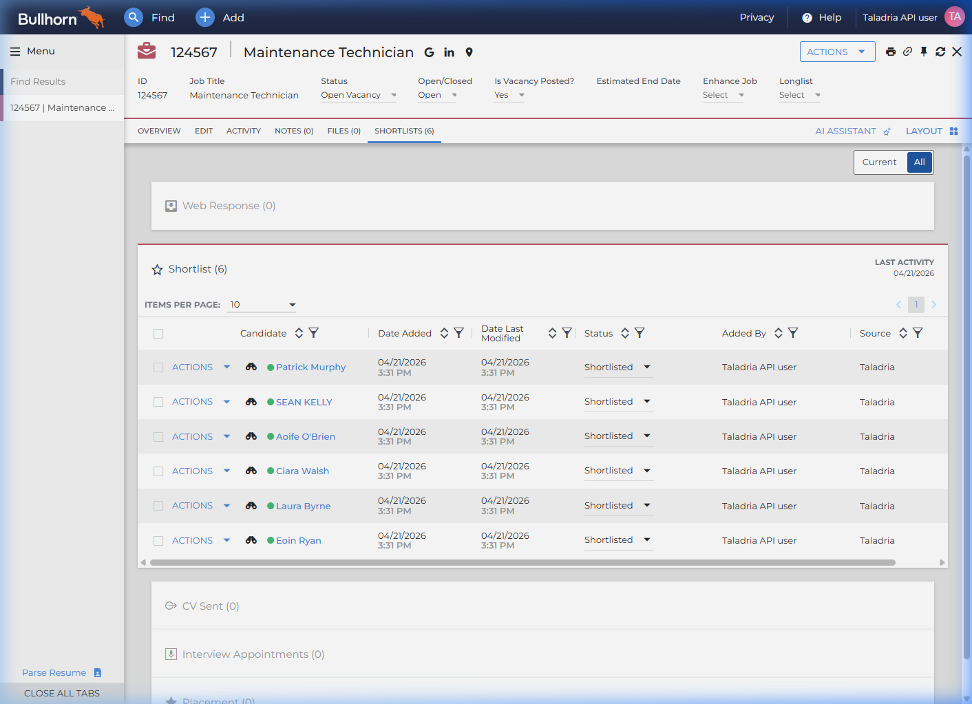 Bullhorn Shortlist tab showing candidates automatically added by Taladria